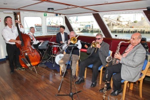 22nd August 2015. Geoff Tooley, Mike, Fred Claridge, Roy Williams, Janusz Carmello and Zoltan Sagi playing for a private party aboard the Solent Scene in Poole Harbour. Photo by Neil Crick ARPS (www.smart-ideas.co.uk)